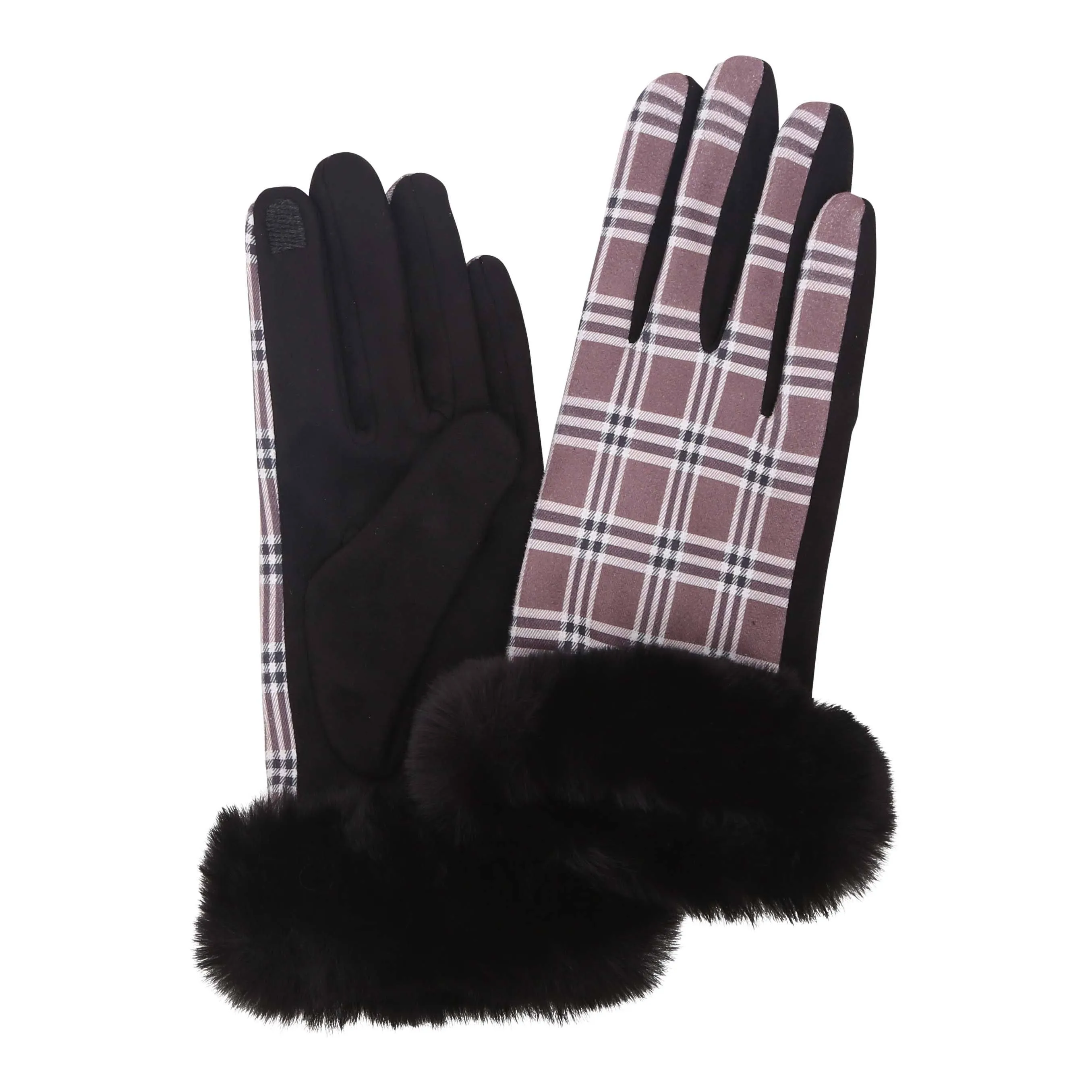 Black & Coco Plaid Fur-Trimmed Texting Gloves