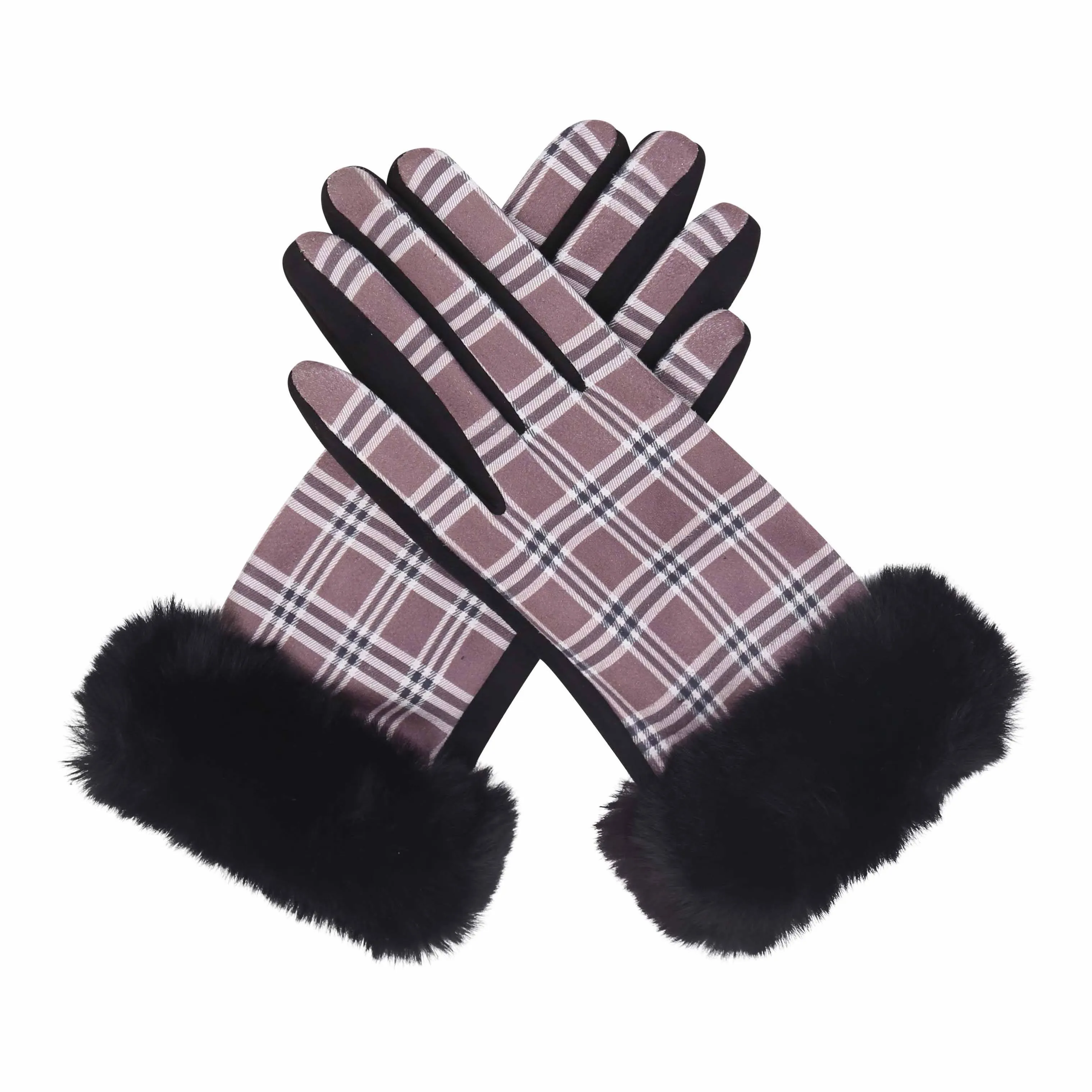 Black & Coco Plaid Fur-Trimmed Texting Gloves