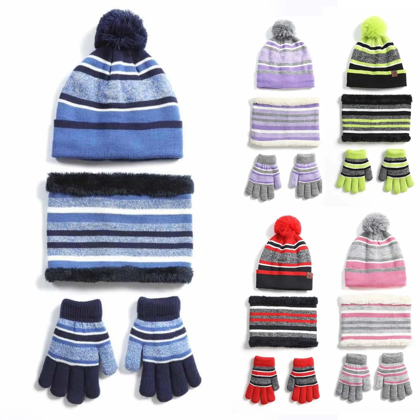 Kids Winter Hats Scarves Gloves Kit Cotton Woolen Yarn Knitted Pompom Hat Warm Beanie Scarves Glove Cotton Three-piece Warm Set