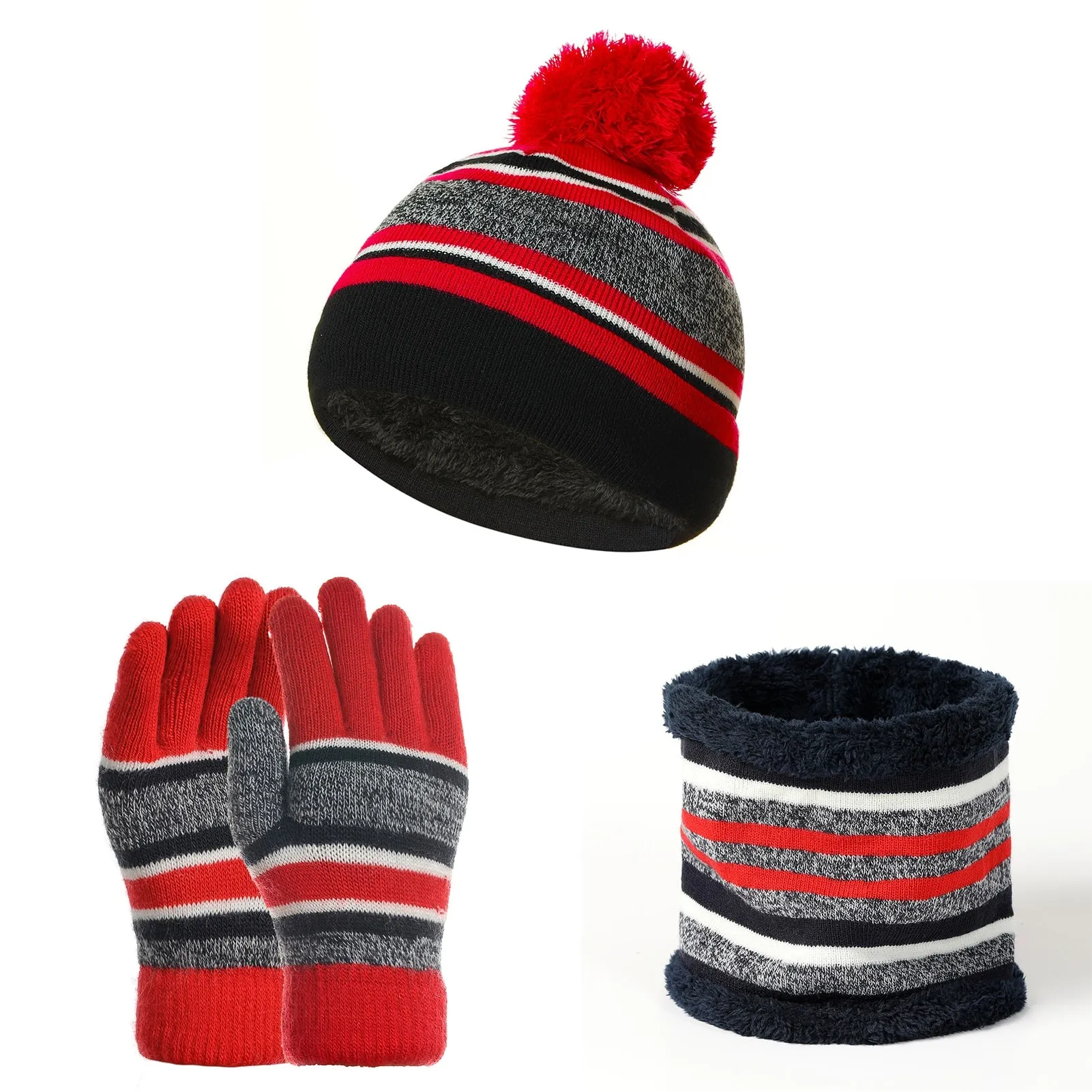 Kids Winter Hats Scarves Gloves Kit Cotton Woolen Yarn Knitted Pompom Hat Warm Beanie Scarves Glove Cotton Three-piece Warm Set