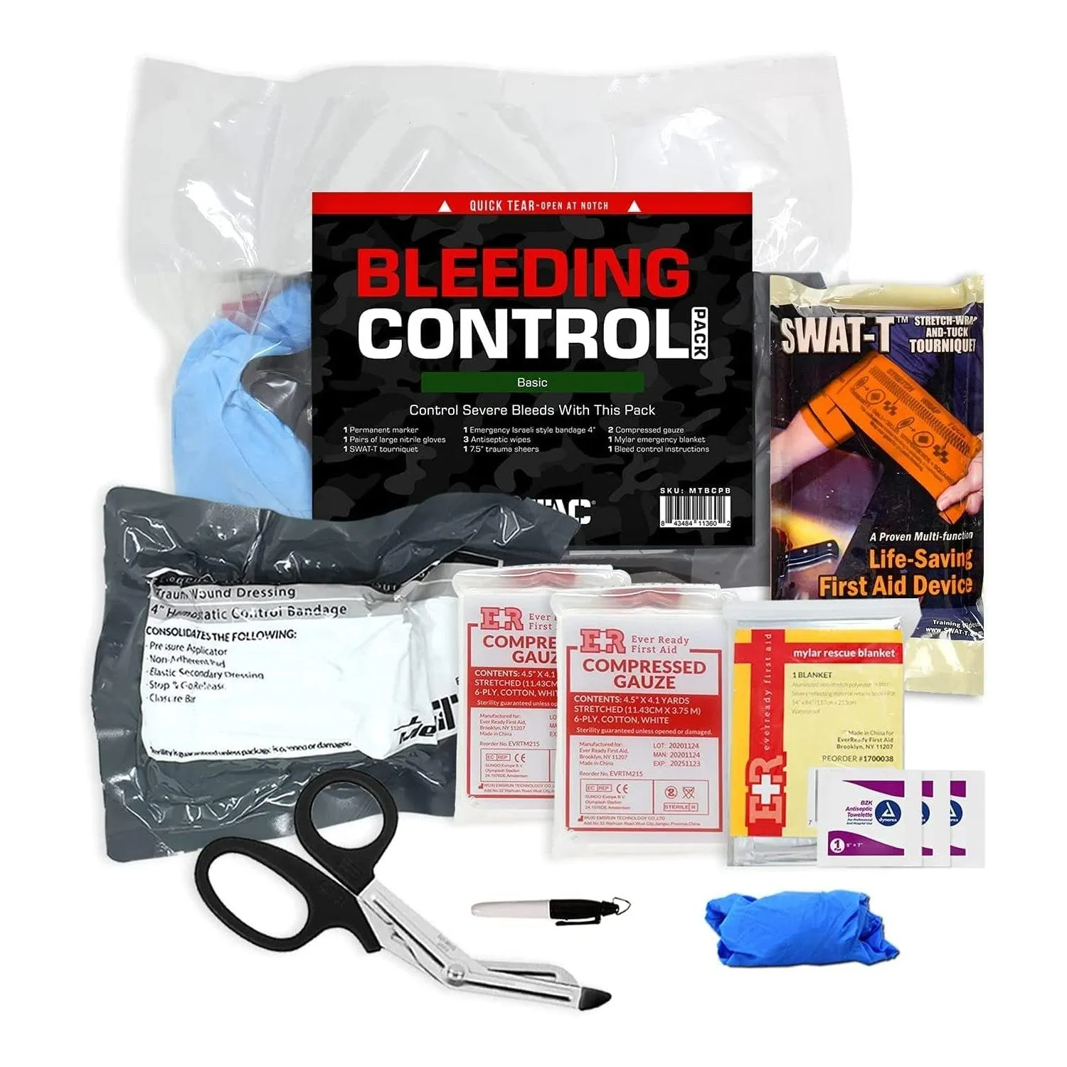 MediTac Bleeding Control Kit in Plastic Case, 4 Individual Vacuum-Sealed Kits for Bystanders and First Responders to Control Severe Bleeding