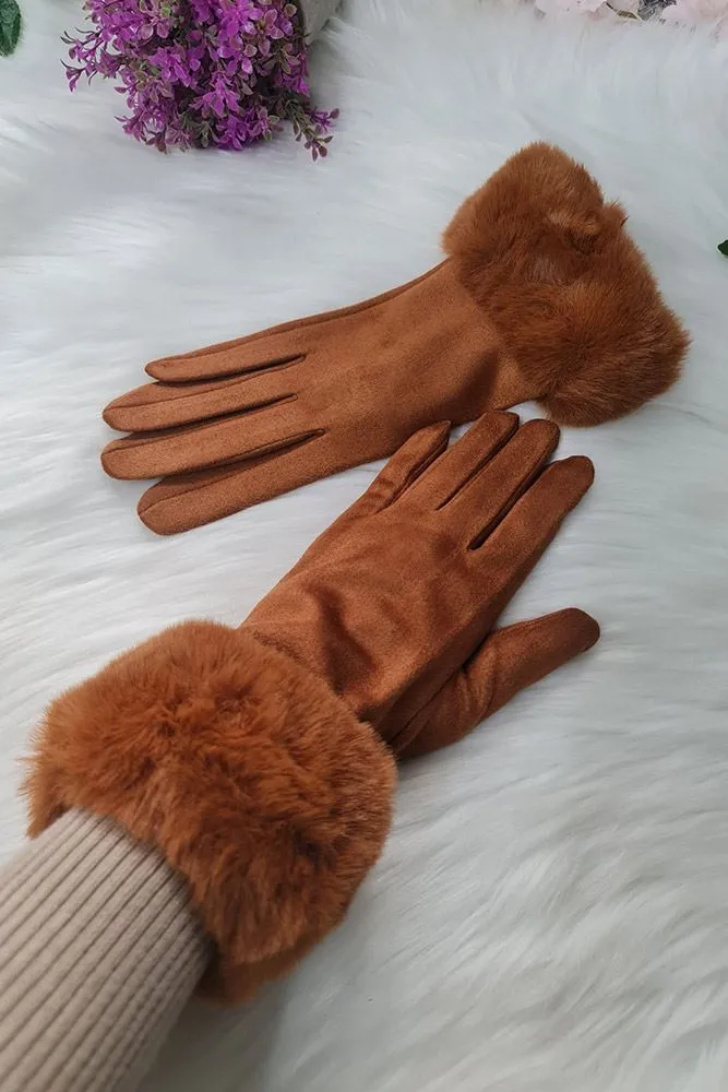 Plain Faux Fur Hem Soft Feel Gloves