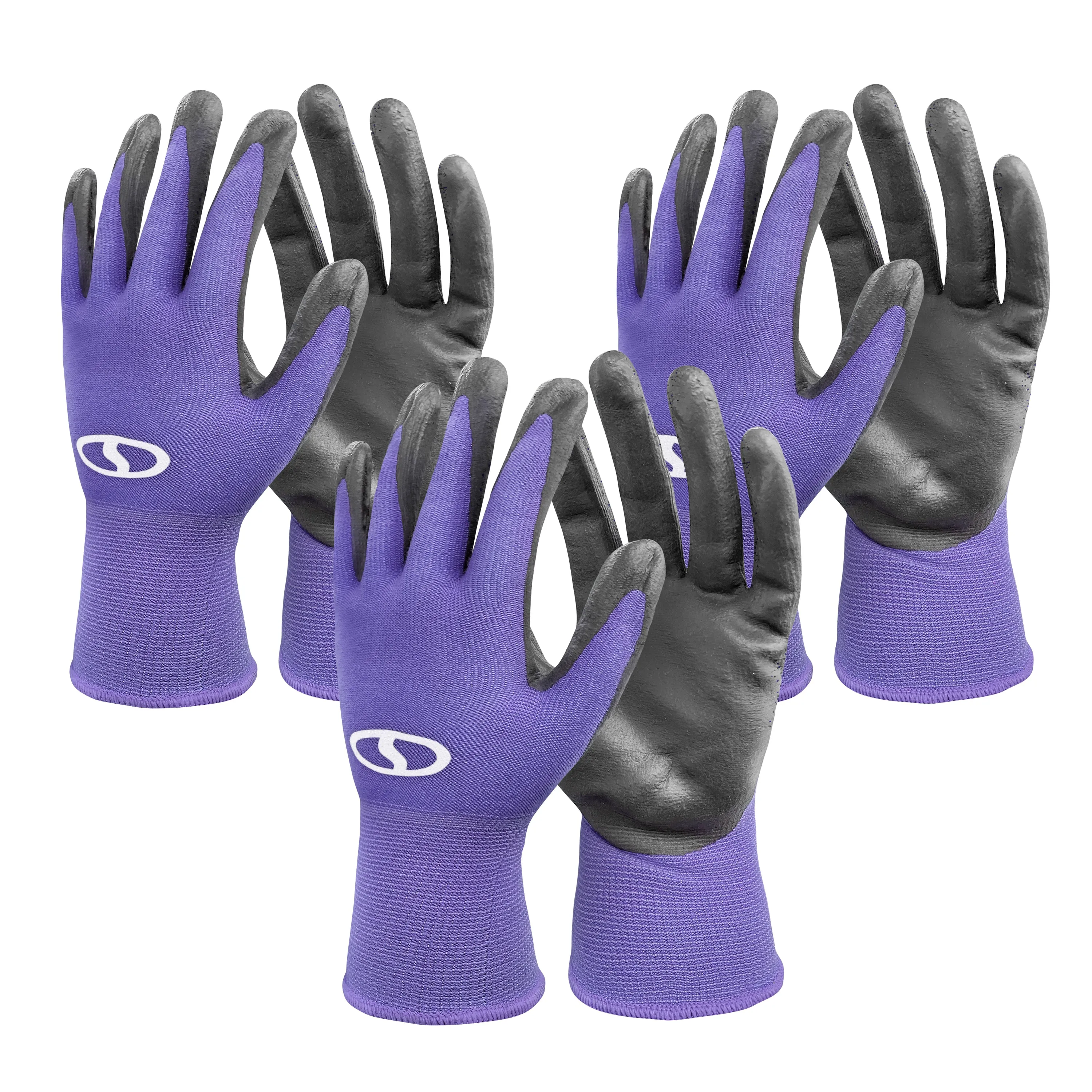 Sun Joe GGNP-S3-PRP Reusable Nitrile-Palm Gloves | Tactile | Washable | One Size Fits Most | Set of 3 (Purple)